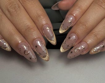 Handmade cat eye french star Press On Nails: Custom hand painted Gel Nails