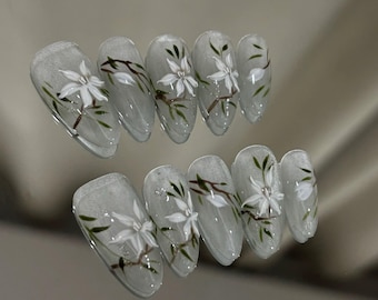 Handmade Glitter cat eye Flower Press On Nails: hand painted custom Gel Nails