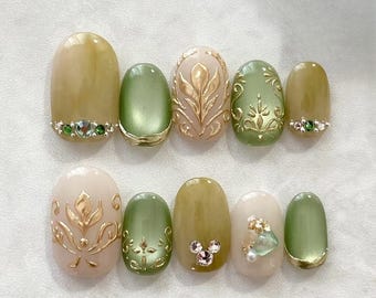 Handmade Glitter Flower Press On Nails: Green & Gold Faux Acrylics
