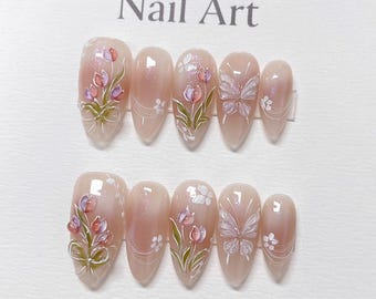 Spring Tulip Butterfly Press On Nails: Hand Painted Gel Faux Acrylic Nails