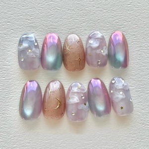 ombre cat eye star nails/ hand painted nails /custom press on nails/ hand made Press on Nails/Faux Acrylic Nails/ Gel Nails/Press on Nail