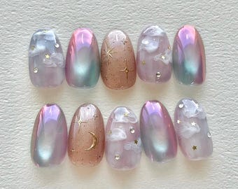 Ombre Cat Eye Star Press On Nails: Hand-Painted Faux Acrylic Gel Nails