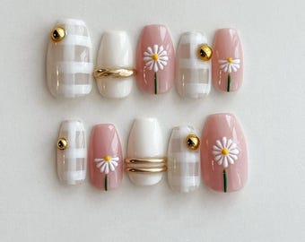 Handmade Pink Flower Press On Nails: Custom Gel Faux Acrylic Nails