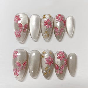 Butterfly Cat Eye Press On Nails: Hand-Painted Floral Acrylic False Nails