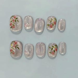 3d peach cat eye nails/ hand painted nails /custom press on nails/ hand made Press on Nails/Faux Acrylic Nails/ Gel Nails/Press on Nail