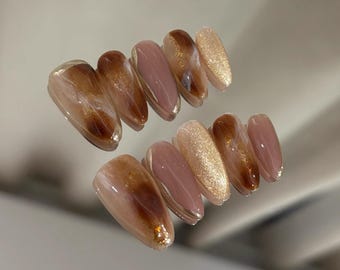 hand painted marble brown cat eye Press On Nails: custom Gel Nails