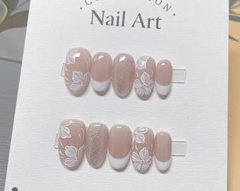 French Flower Press On Nails: Hand-Painted Faux Acrylic Gel Nails