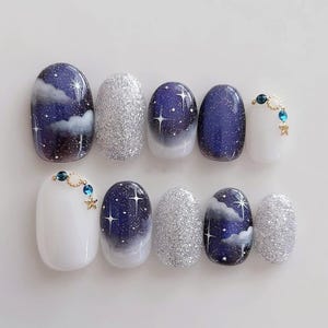 Glitter Cloud Press On Nails: Hand Painted Faux Acrylic Gel Nails