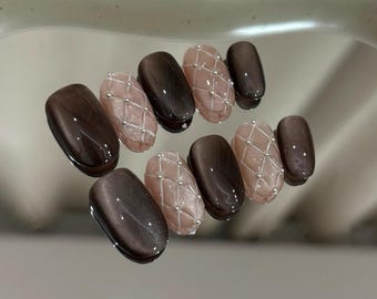 brown and pink cat eye Press On Nails: hand painted custom Gel Nails