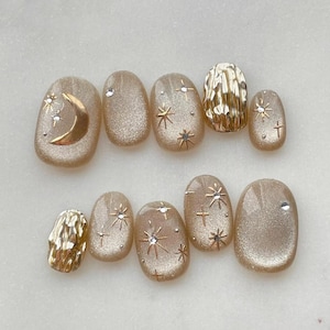 gold chrome star nails/ hand painted nails /custom press on nails/ hand made Press on Nails/Faux Acrylic Nails/ Gel Nails/Press on Nail