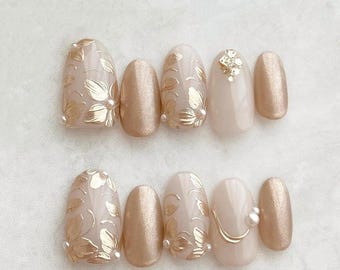 Gold Flower Press On Nails: Hand-Painted Faux Acrylic Nails