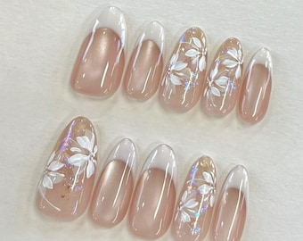 Uñas postizas con diseño de ojo de gato y flores: uñas de gel acrílico falso pintadas a mano
