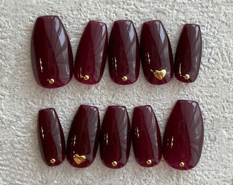 Burgundy Heart Press On Nails: Hand-Painted Faux Acrylic Gel Nails