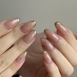 gold french star nails/ hand painted nails /custom press on nails/ hand made Press on Nails/Faux Acrylic Nails/ Gel Nails/Press on Nail