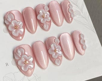 3d Flower Press On Nails: Hand-Painted Faux Acrylic Gel Nails