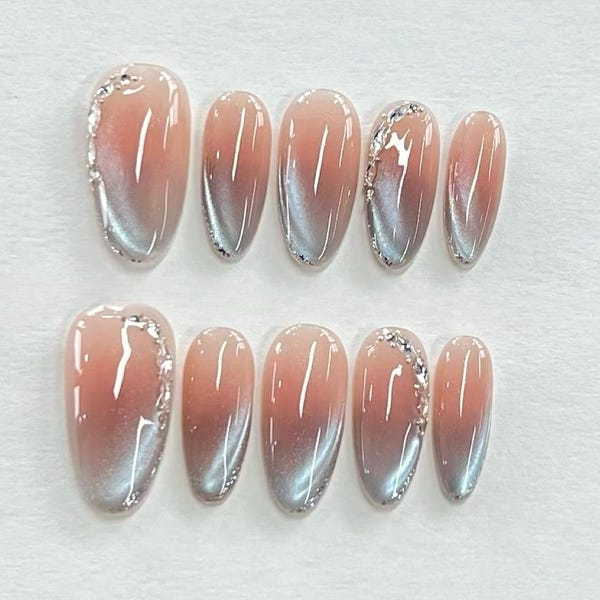 Cat Eye Ombre Press On Nails: Hand Painted Faux Acrylic Gel Nails