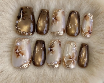 Cat Eye Flower Press On Nails: Hand Painted custom Gel Nails