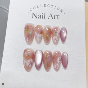 cat eye flower nails/ hand painted nails /custom press on nails/ hand made Press on Nails/Faux Acrylic Nails/ Gel Nails/Press on Nail