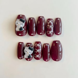 kitty cute hand painted nails /custom press on nails/ hand made Press on Nails/Faux Acrylic Nails/ Gel Nails/Press on Nail