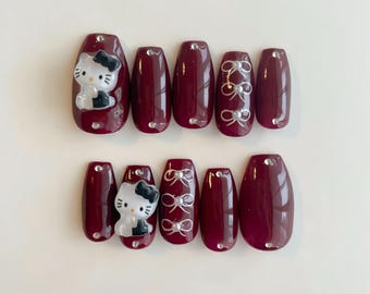 Handgemachte Kitty Press On Nails - Niedliche Faux Acrylgelnägel