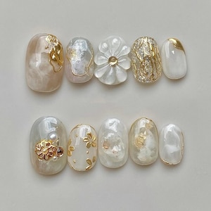 3D Flower Press On Nails: Hand-Painted Faux Acrylic Gel Nails