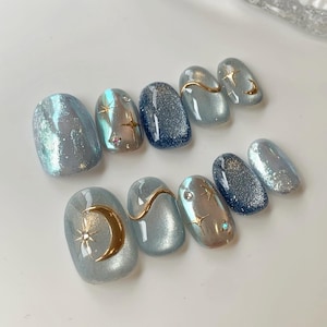 gold chrome moon cat eye nails/ hand painted nails /custom press on nails/ hand made Press on Nails/ Gel Nails/Press on Nail
