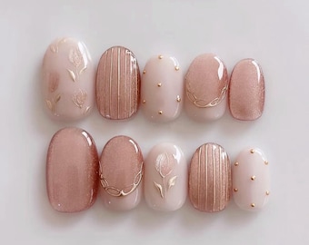 Handmade Pink Tulip Press On Nails: Faux Gel Acrylic Nails