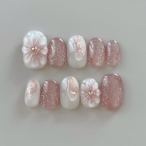 3D Flower Press On Nails: Hand-Painted Faux Acrylic Gel Nails