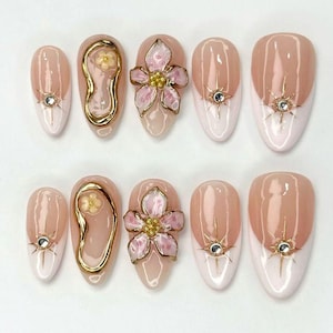 3D Flower Press On Nails: Hand-Painted Faux Acrylic Gel Nails