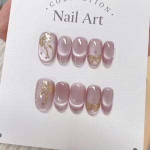 Hand Painted Gold Bow Cat Eye Press On Nails