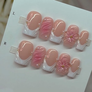 3D Flower Press On Nails: Hand-Painted Faux Acrylic Gel Nails