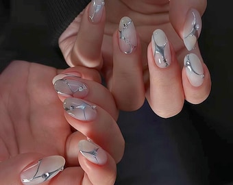 Milky White Chrome Press On Nails: Hand-Painted Gel Faux Acrylic Nails