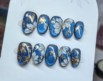 Handmade Cat Eye Flower Press On Nails: Faux Acrylic Gel Nails
