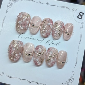 3D Flower Press On Nails: Hand-Painted Faux Acrylic Gel Nails