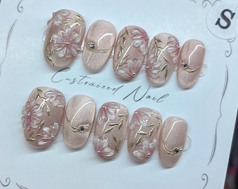 3D Flower Press On Nails: Hand-Painted Faux Acrylic Gel Nails