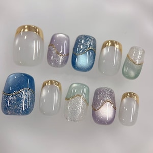 freestyle cat eye nails/ hand painted nails /custom press on nails/ hand made Press on Nails/Faux Acrylic Nails/ Gel Nails/Press on Nail