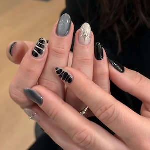 Y2K Star Press On Nails: Silver & Black Hand-Painted Gel Nails