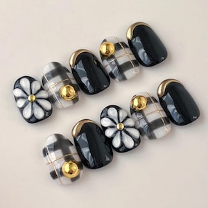 3D Flower Press On Nails: Hand-Painted Plaid Faux Acrylic Gel Nails