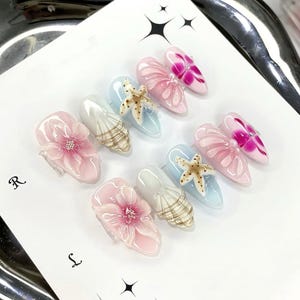 3D Sea Star Press On Nails: Hand Painted Faux Acrylic Gel Nails