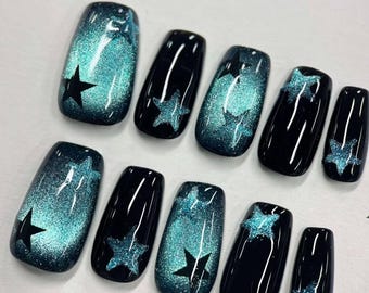 Handmade cat eye star Press On Nails: Custom hand painted Gel Nails
