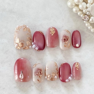cat eye gold flower nails/ hand painted nails /custom press on nails/ hand made Press on Nails/Faux Acrylic Nails/ Gel Nails/Press on Nail