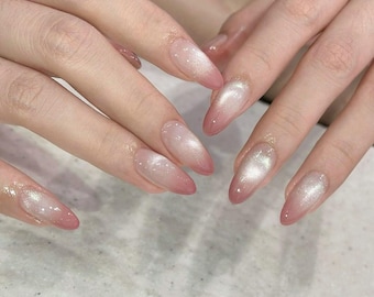 Pink Ombre Cat Eye Press On Nails: Handmade Faux Acrylic Gel Nails