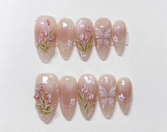 3D Flower Butterfly Press On Nails: Hand-Painted Faux Acrylic Gel Nails
