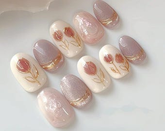 Spring Tulip Press On Nails: handgeschilderde nepacrylgelnagels