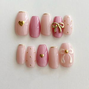 Pink Bowknot Press On Nails: Hand-Painted Faux Acrylic Gel Nails