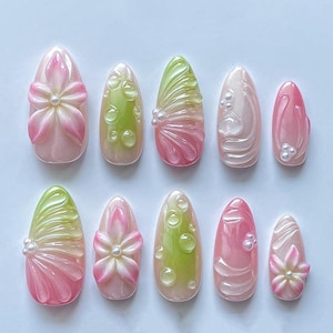 3D Flower Press On Nails: Hand-Painted Faux Acrylic Gel Nails
