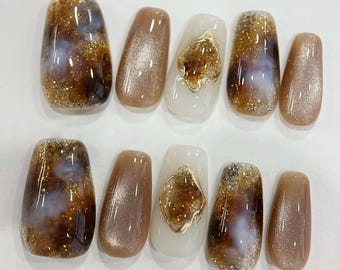 gold brown cat eye ombre Press On Nails: Hand Painted custom nails
