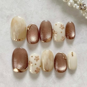 cat eye gold flower nails/ hand painted nails /custom press on nails/ hand made Press on Nails/Faux Acrylic Nails/ Gel Nails/Press on Nail