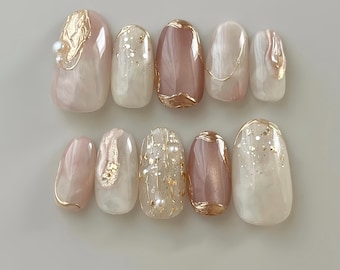 Ombre Pink Gold Press On Nails: 3D Hand Painted Faux Acrylics