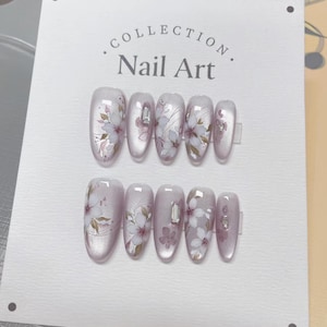 cat eye  flower nails/ hand painted nails /custom press on nails/ hand made Press on Nails/Faux Acrylic Nails/ Gel Nails/Press on Nail